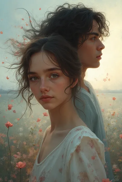 Make me a front and back cover for a novel without a title, with a light and sad romantic theme at the same time, showing the co...