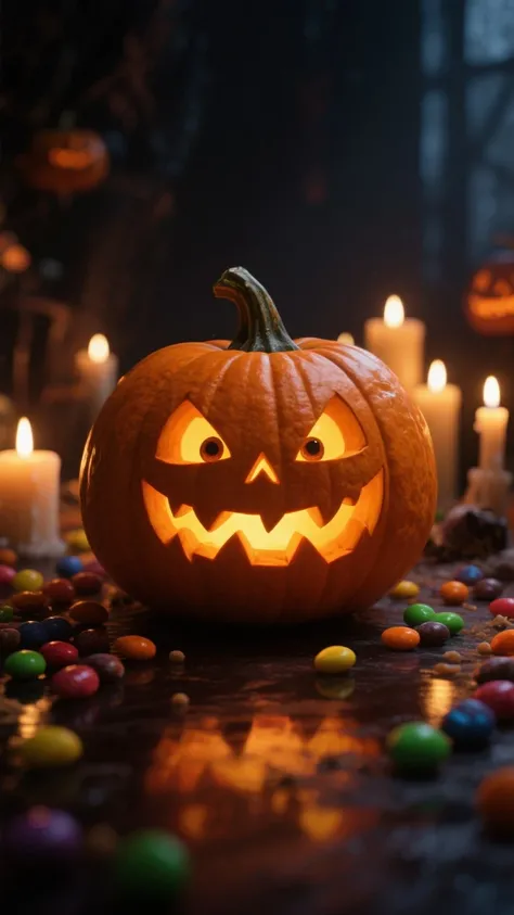 jack-o’-lantern glowing warmly,
flickering candle lights in the background,
colorful candies scattered across the scene,
dark an...