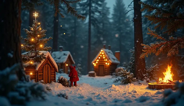 the xmas market is set up and tiny little wood cabins are covered by xmas lights, located in a small forest. you can see this sc...