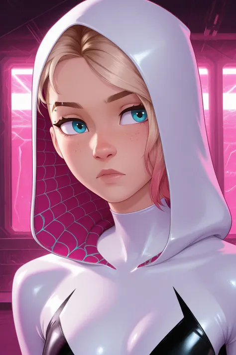 spdrgwn, hooded bodysuit, short hair, freckles, hood up, eyebrow piercing, undercut, solo, upper body, latex suit