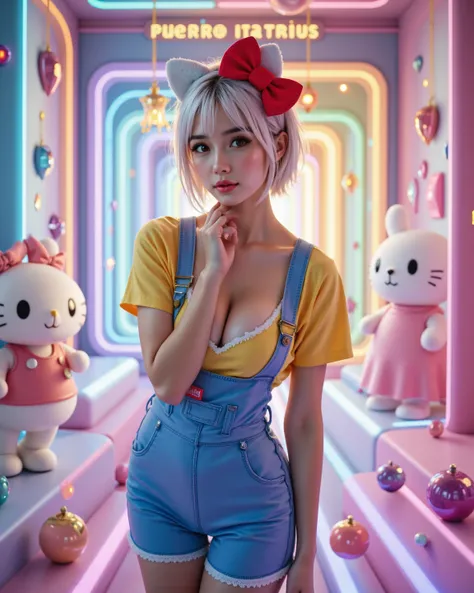 A hyper-beautiful young woman cosplaying as Hello Kitty, embodying the ultimate feminine beauty as a goddess-like figure, ultra-...