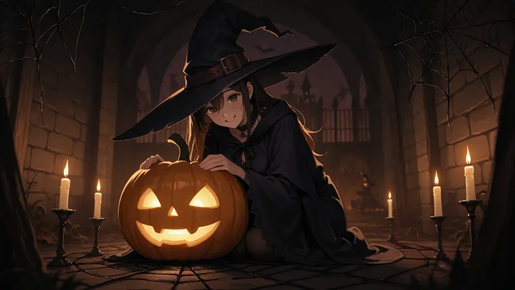A Halloween pumpkin with a witch's hat, smile, dark horror scene, cobwebs and candles and castle in the background