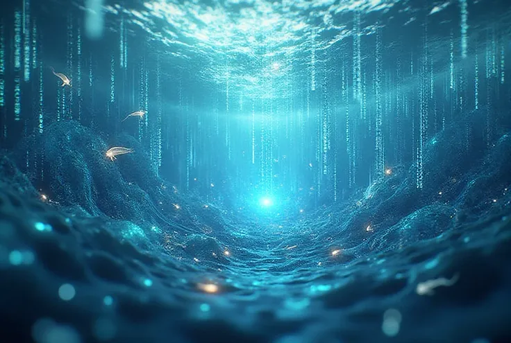 Dreamlike digital ocean with data waves and glowing code beneath the surface.