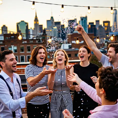 Action shot, a vibrant, high-energy rooftop party in New York City at dusk. A diverse group of young adults are dancing, laughin...