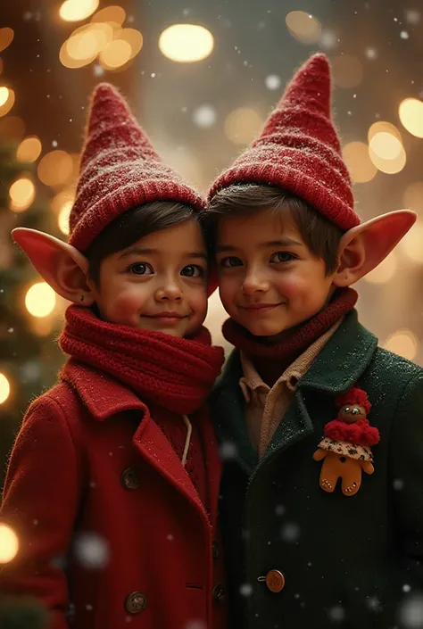 Ultra-realistic close-up of a trendy, cute Christmas elf couple, one wearing a stylish short coat and oversized scarf, the other...