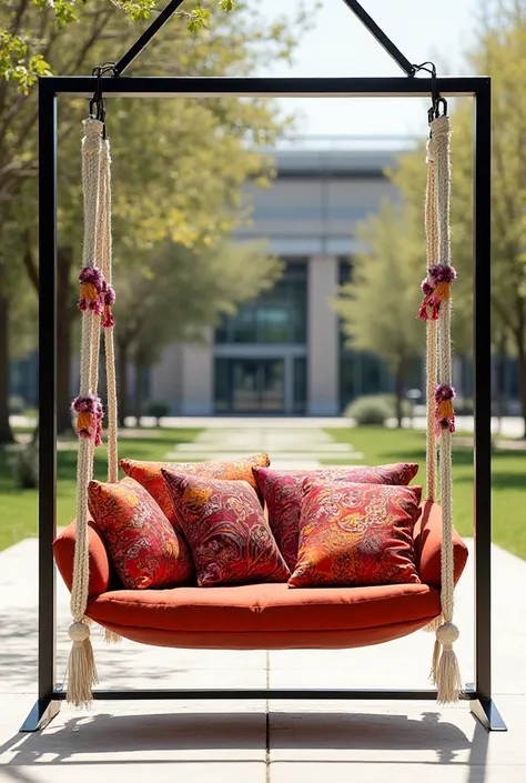 A minimalist outdoor swinging lounge (Jhula) for two in a modern university campus setting. The suspension frame is a sleek, bla...
