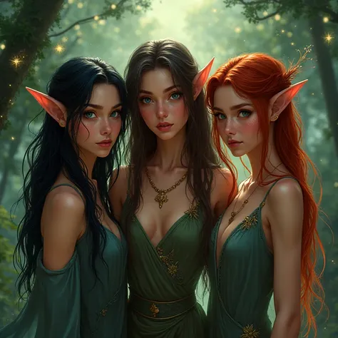 The three elf sisters in their twenties. One has long wavy black hair, piercing blue eyes, and slender pink lips. She's also the...