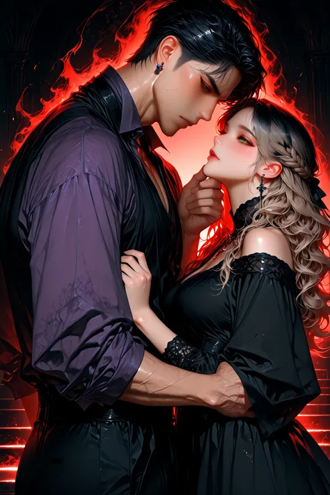 A cinematic hyperrealistic portrait of a man and a girl in a romantic, a passionate, like a dark fantasy scene. high, young, han...