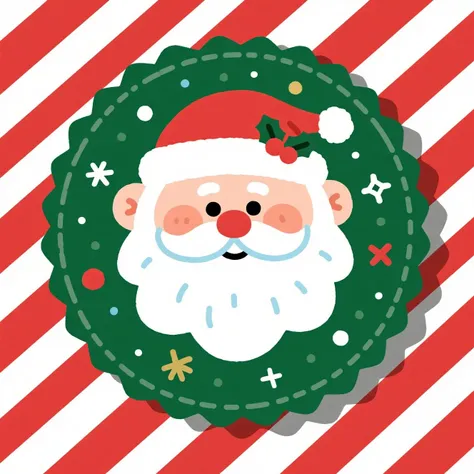 adorable Santa Claus face with fluffy white beard and rosy cheeks, wearing red Santa hat with holly leaf, bright smile, inside c...