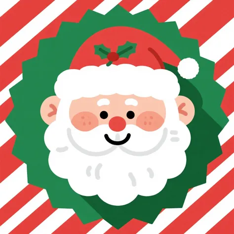 adorable Santa Claus face with fluffy white beard and rosy cheeks, wearing red Santa hat with holly leaf, bright smile, inside c...
