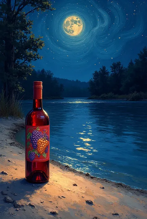 night, a bottle of red wine labeled with grapes stands on the sand on the riverbank in the Van Gogh style