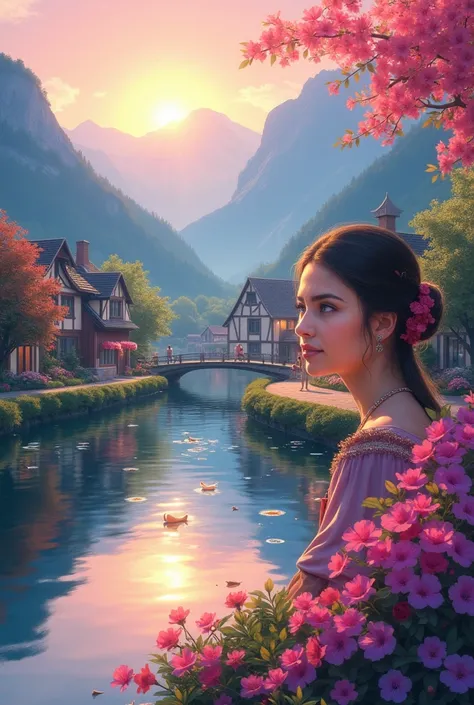 a small village by the river,Mountains in the background,Flowers in bloom,brightly colored, Detailed Scenery ,beautiful natural ...