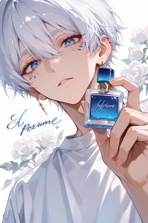 White-haired male, blue eyes, White Y Shirt, 45 degree side angle, Left , holding a perfume bottle, Perfume advertisement style,...