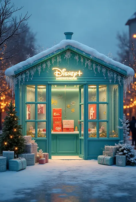 Design a small, elegant Disney+ × Vodafone Christmas booth inspired by a cozy winter storybook cabin. The structure is built wit...