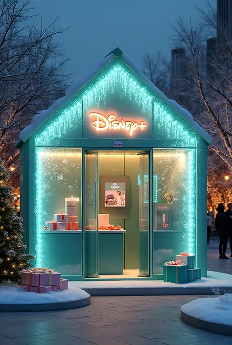 Design a small, elegant Disney+ × Vodafone Christmas booth inspired by a cozy winter storybook cabin. The structure is built wit...