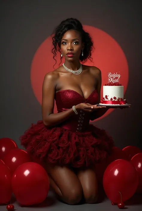 Create a hyper-realistic studio birthday photoshoot of a beautiful young African American woman kneeling gracefully on the floor...