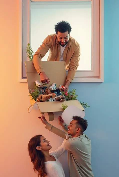 Hyperrealistic and creative scene of two people interacting. On top, a realistic man comes out partially from the inside of a di...