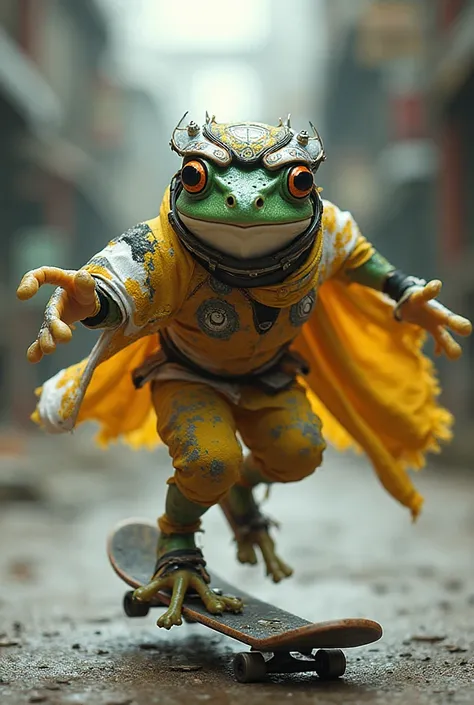 Kung fu karate frog is he using skateboarding who is wearing a yellow white black gray orange brown cape mask he has a helmet he...