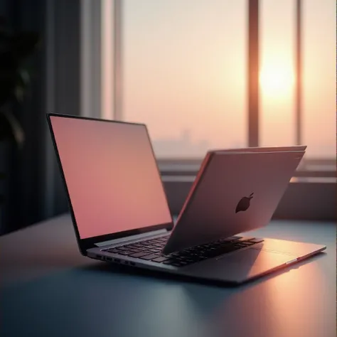 beautifully detailed gradient background, Laptop Computer on Desk, Window light , high quality, 8k, Photorealistic, dramatic lig...