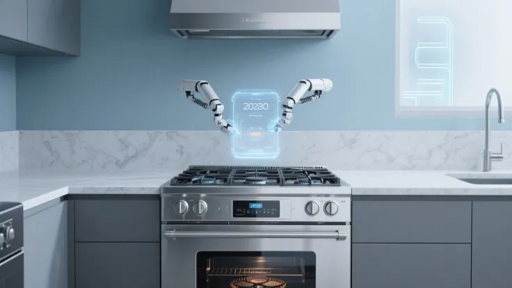 2028: A gas range with a high-tech look, polished chrome with a holographic touchscreen, four burners, and a robotic oven with a...