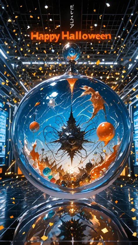 surreal "monster gacha" machine, retro capsule toy kiosk reimagined, glass orbs with miniature halloween creatures inside, each ...