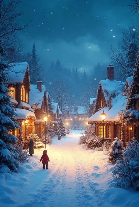 . Snowy Winter Village
Aesthetic snowy Christmas village at night, glowing windows, street lamps, snow-covered rooftops, childre...