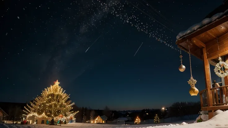 Golden bells swinging and jingling amid falling snowflakes with "Merry Christmas" lighting up the sky