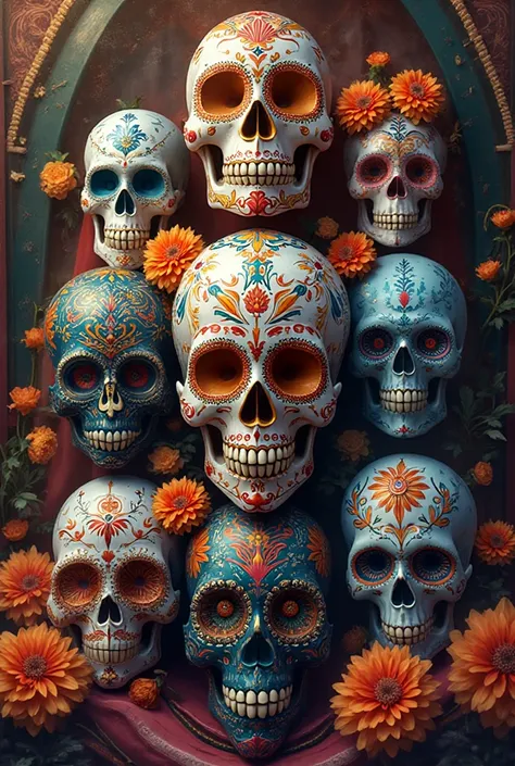 Create different Day of the Dead skulls with different colors and designs