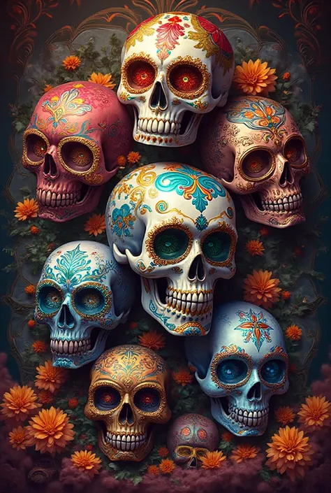 Create different Day of the Dead skulls with different colors and designs