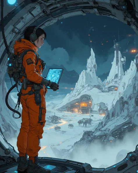 Cinematic full-body portrait of a female lunar foreman standing on an elevated metal platform overlooking Starmoon’s mining dist...