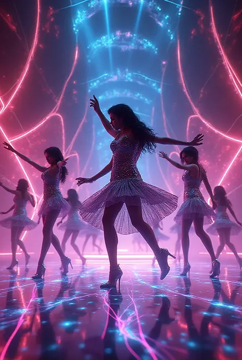 Draw a futuristic dance-themed composition as a fragment of a disco announcement or an invitation to a school gala ball.