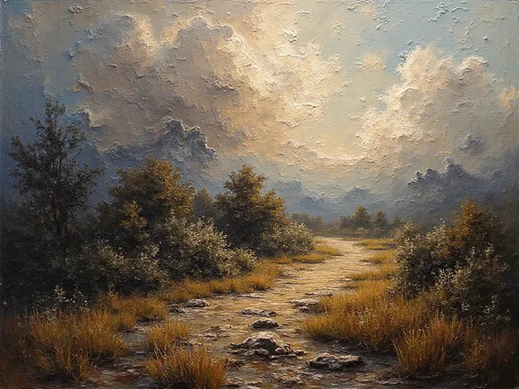 Oil painting in a classic fine art style, inspired by 19th-century masters.
Executed with thick impasto brushstrokes, where laye...