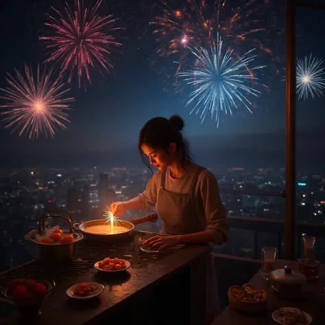 He plays a solitary character who is in the middle of a vibrant night, under a shower of fireworks that flood the sky with flash...