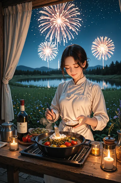 Interpret a female chef cooking alone in the middle of the field during the night, under a sky covered with fireworks that illum...