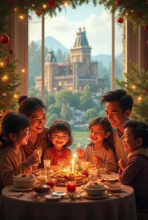 Create an image where a family is having family dinner at Christmas and in the background a Colibri hotel