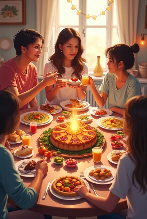 Me celebrating at a table full of food, drinks and fruits and candies with other friends all tie a nice picture to the table.
