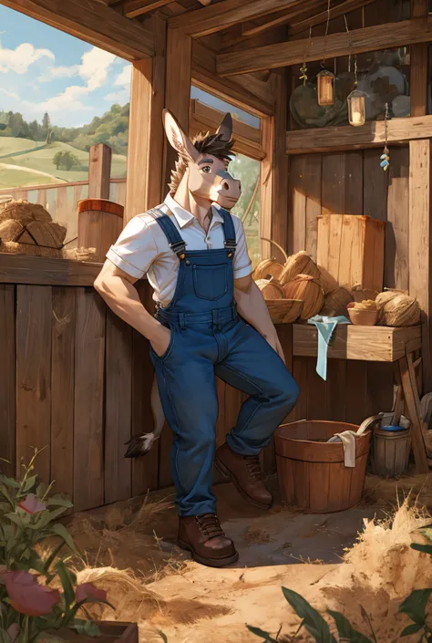 donkey wearing blue jeans overalls in a farm