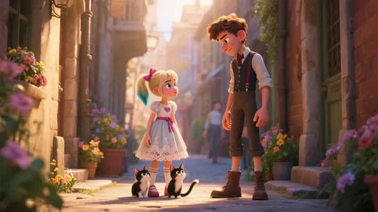 "In a picturesque, old-fashioned street glowing under the warm spring sunlight, the scene is filled with blooming flowers, gentl...