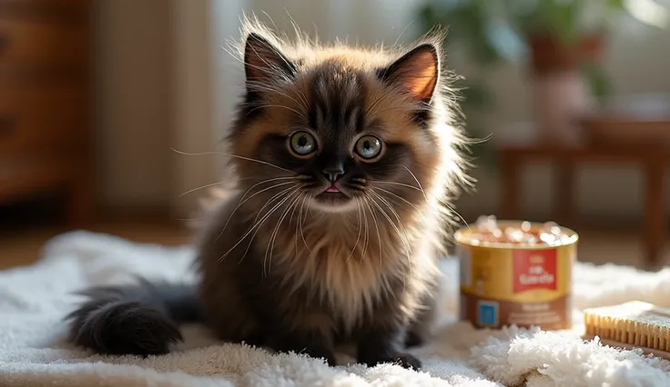 “A cute Persian cat completely soaked after a bath, fur clinging to its tiny body, big round expressive eyes looking surprised a...