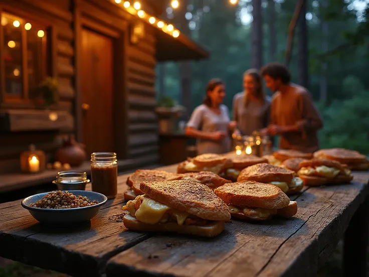 Cabin Cooking. Grilled sandwiches for cabin picnics on the outdoor wooden table
