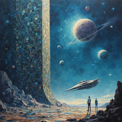 Modern mosaic painting style, resembling broken glass or intricate tiles, with impressionistic brushstrokes, deep emotional dept...