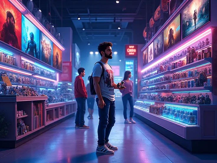 A vibrant semi-realistic digital illustration of a man named Arif, 33 years old, browsing inside a cinematic-themed movie mercha...