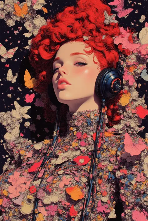 anime, cyberpunk, (masterpiece), high impact, (pop art:1.5), (screen printing style), (beautiful girl:1.4), headphone, cables, r...