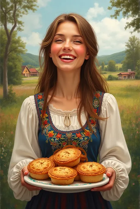 gorgeous Ukrainian beauty with light brown straight hair in a chic vyshyvanka is laughing and standing with a plate of pies