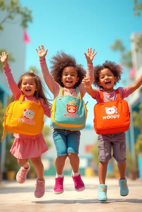 Happy kids with colorful bags with the “Papi Woopy” logo in their hands, jump and smile happily. The scene is colorful, energeti...