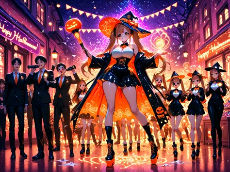 high quality image, masterpiece, in a battery, Halloween party, colored light,  festive atmosphere, night carnival, Pop Art Styl...