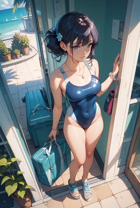girls Look down from above Full Body swimsuit Looks strong