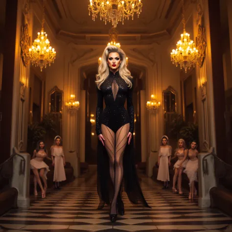 Drag queen,A large hall of a mansion, a strict drag queen in a mini dress and black stockings stands and looks at 3 new young ma...