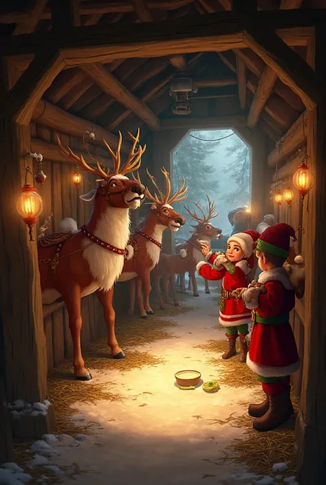 Image of the interior of the stable where Santa's reindeer are with the elves feeding them