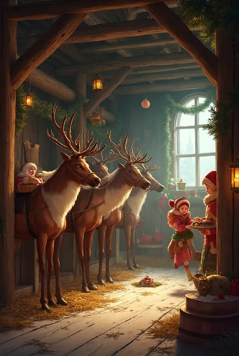 Image of the interior of the stable where Santa's reindeer are with the elves feeding them